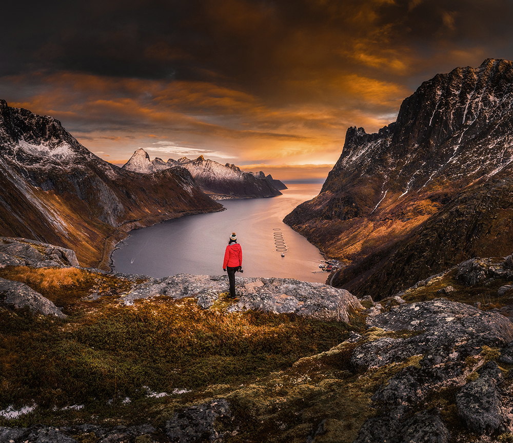 Senja, fiord, Norwegia, góry, wschód słońca