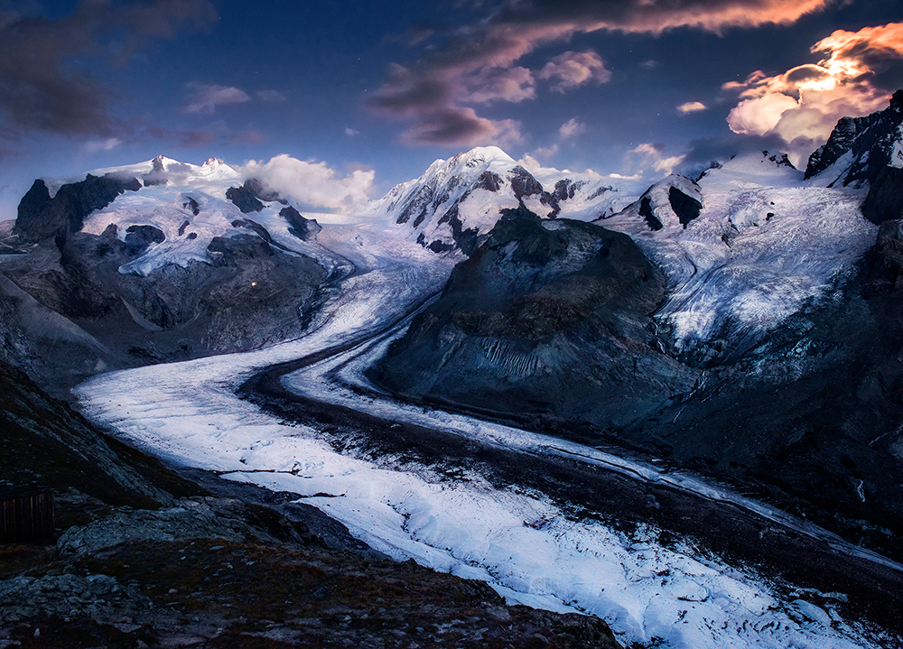 Gornergrat, lodowce, księżyc, Szwajcaria, Zermatt