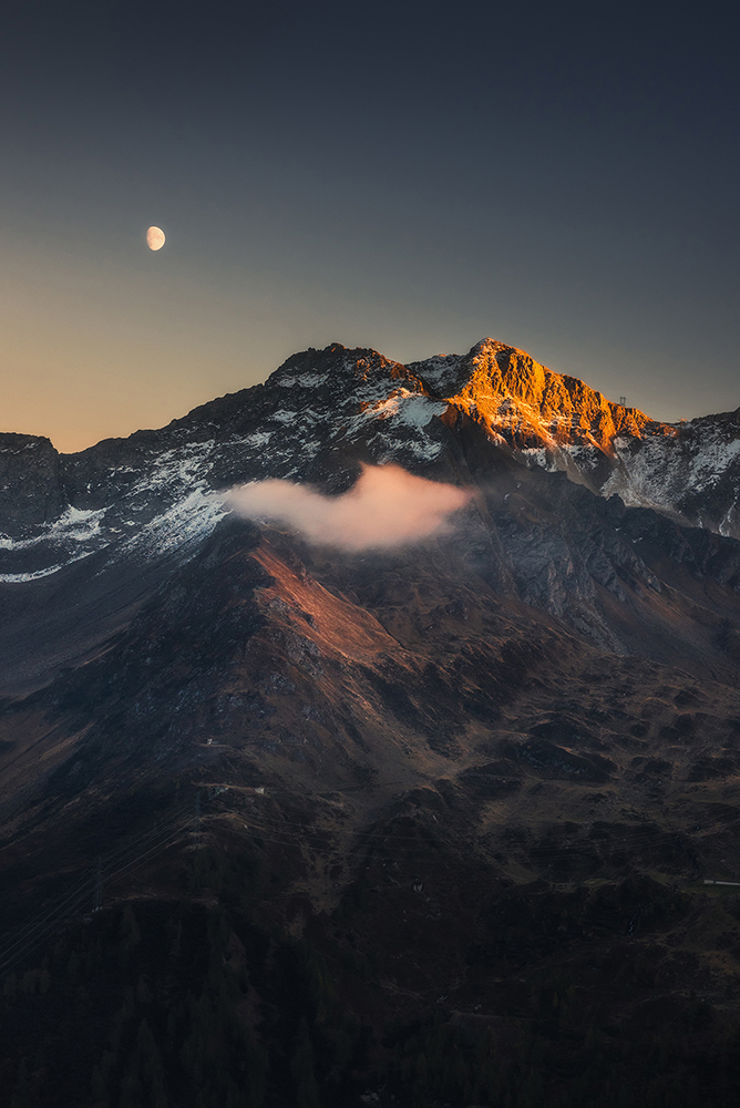 Val Bedretto, księżyc, zachód słońca, Alpy